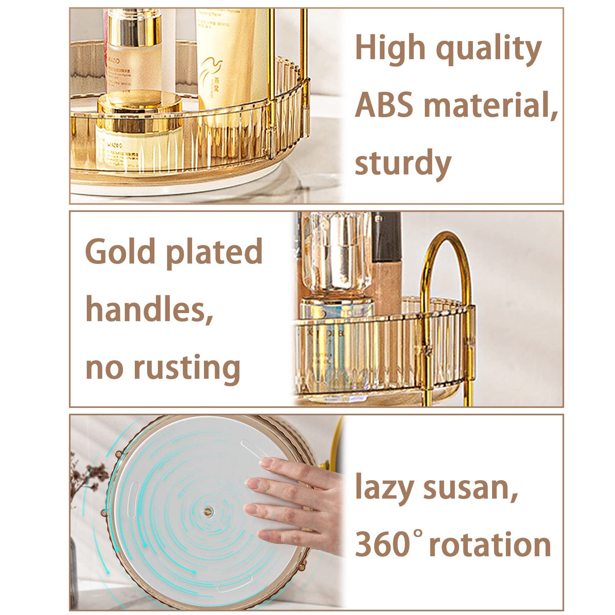 Shuang Qing 3-tier vanity organizer maximizing skincare and cosmetics storage.