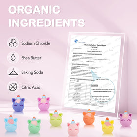 Packaging of SHUCHING unicorn bath bombs highlighting gift-ready presentation.