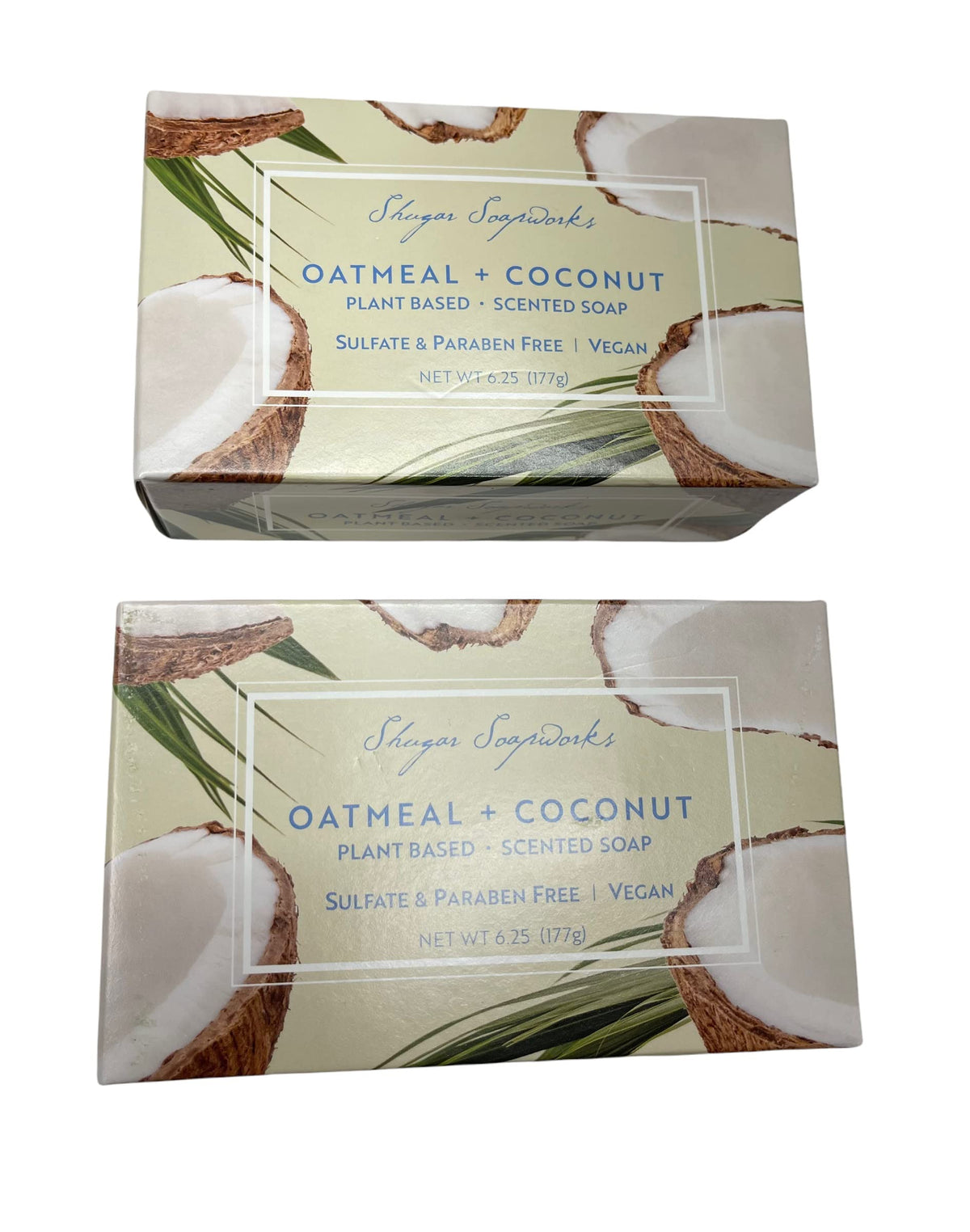 Shugar Soapworks Oatmeal and Coconut soap bars closeup showing creamy lather