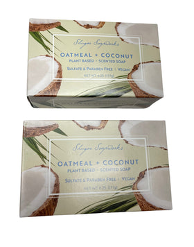 Shugar Soapworks Oatmeal and Coconut soap bars closeup showing creamy lather