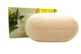 Shugar Soapworks oatmeal lemon verbena bar shows pure dye-free soap
