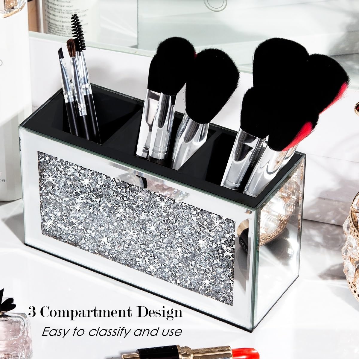 Shyfoy makeup storage with 3 compartments clearly separates items for easy access.
