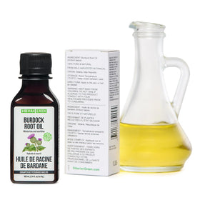 Siberian Green Burdock Oil bottle nourishes scalp and strengthens hair strands.