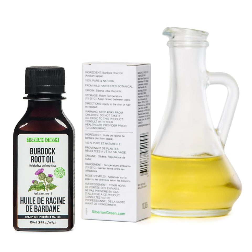 Siberian Green Burdock Oil bottle nourishes scalp and strengthens hair strands.