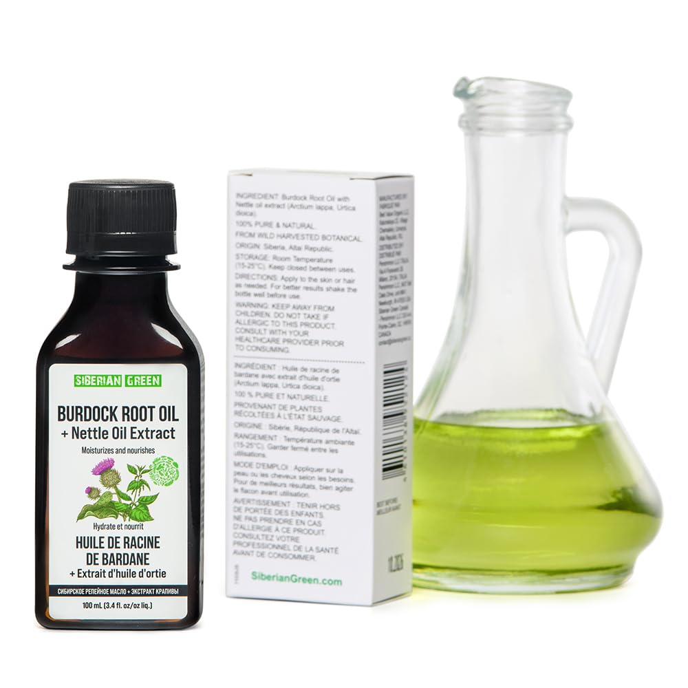 Siberian Green Burdock Oil bottle shown for natural scalp care.