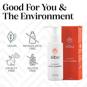 Sibu cleanser on bathroom counter with water droplets for morning cleanse.