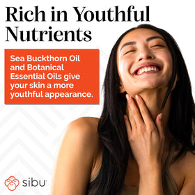 Sibu cleanser ingredients panel highlighting natural botanicals and oils.