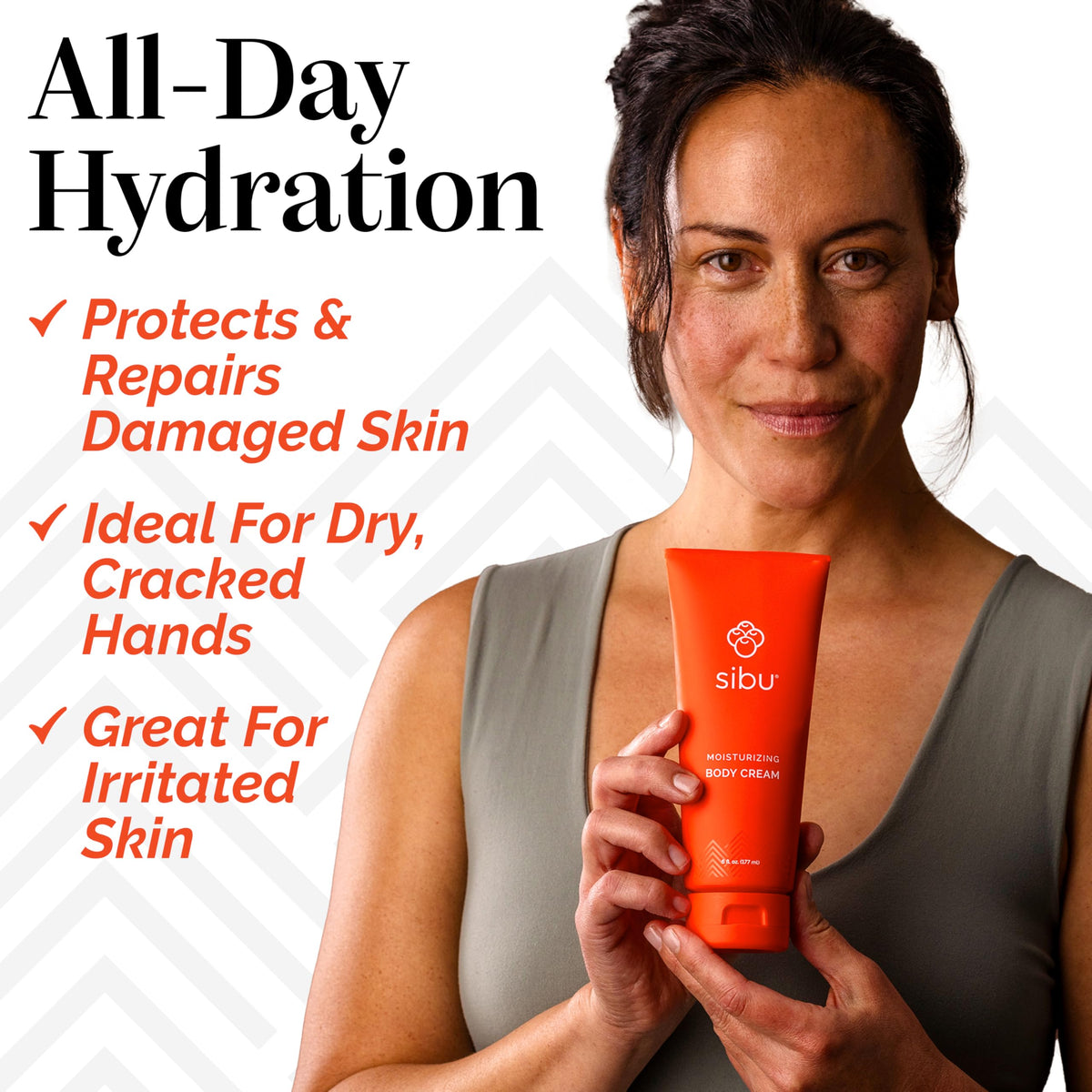 Sibu Moisturizing Body Cream texture swirl highlights creamy consistency for smooth skin.