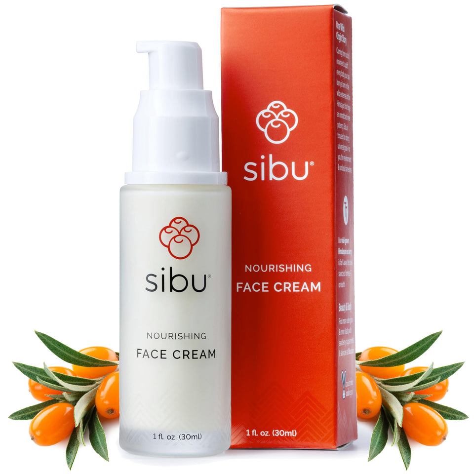 Sibu Sea Buckthorn Nourishing Face Cream tube showing smooth, fast-absorbing texture for sensitive skin