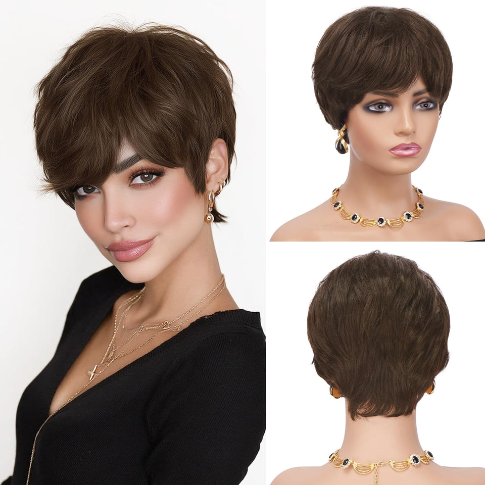 Sidaila pixie-cut wig front view in dark brown for natural everyday style