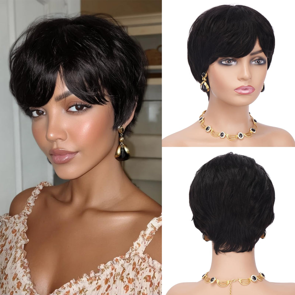 Sidaila Pixie Cut Wig with bangs showcases natural texture for effortless day-to-night looks.