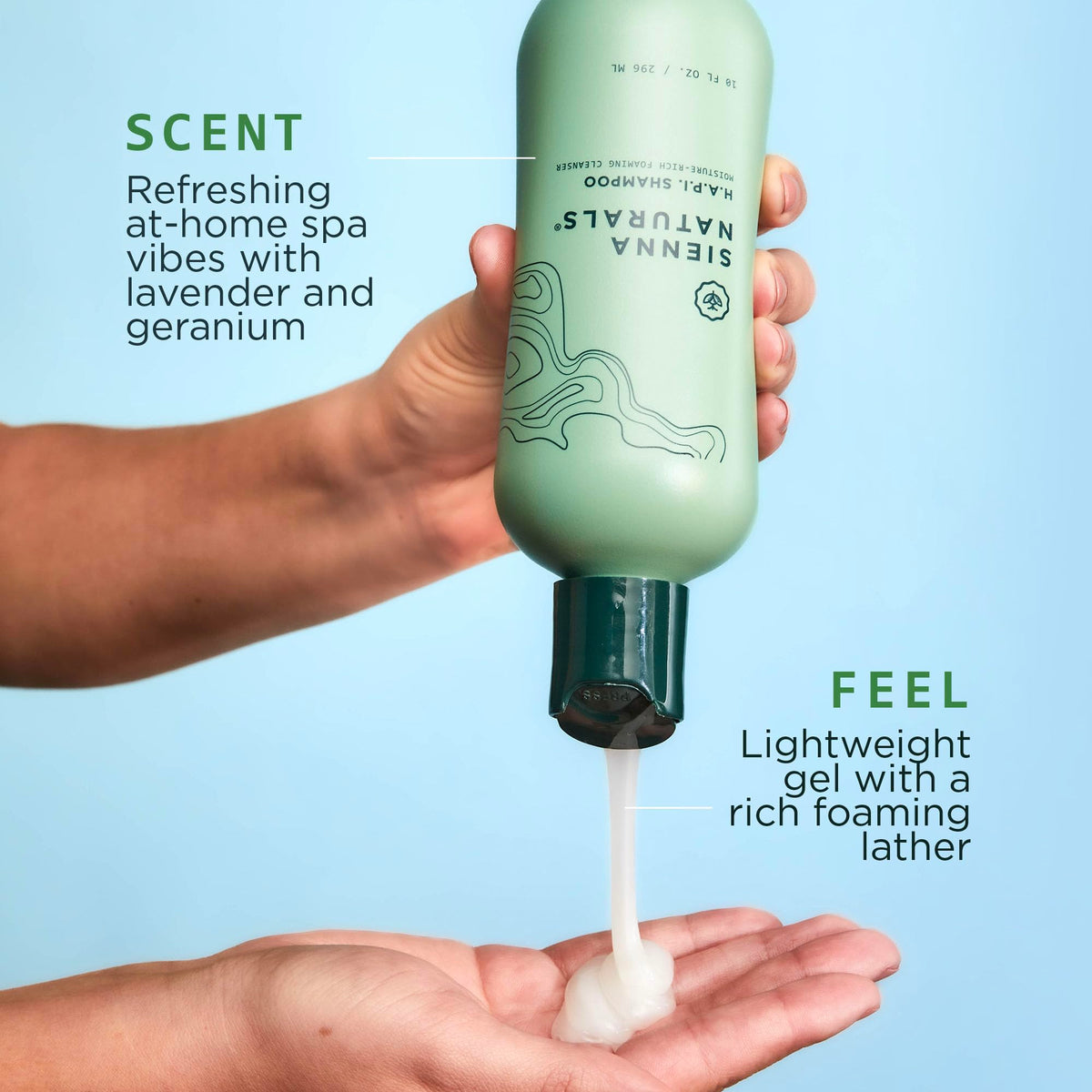 Sienna Naturals HAPI Shampoo label closeup highlighting vegan, clean ingredients