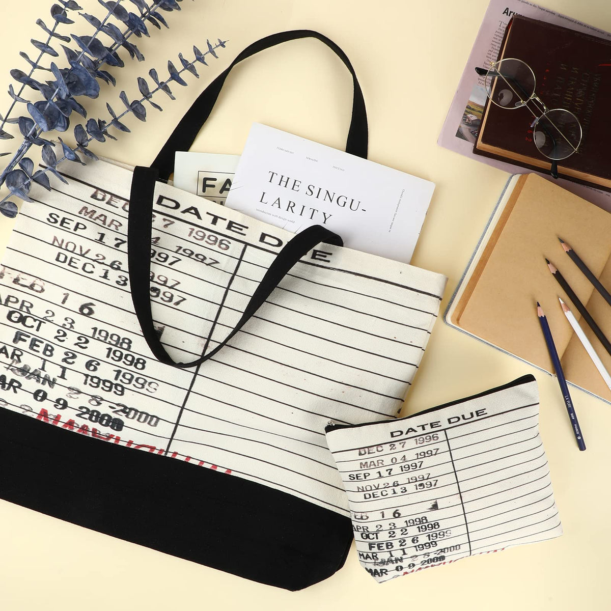 Sieral due date tote bag showcases stamped dates for playful library style.