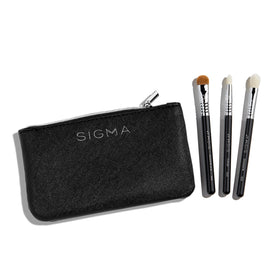 Sigma Beauty Glam N Glow mini brush set with rose gold pouch for precise eye makeup