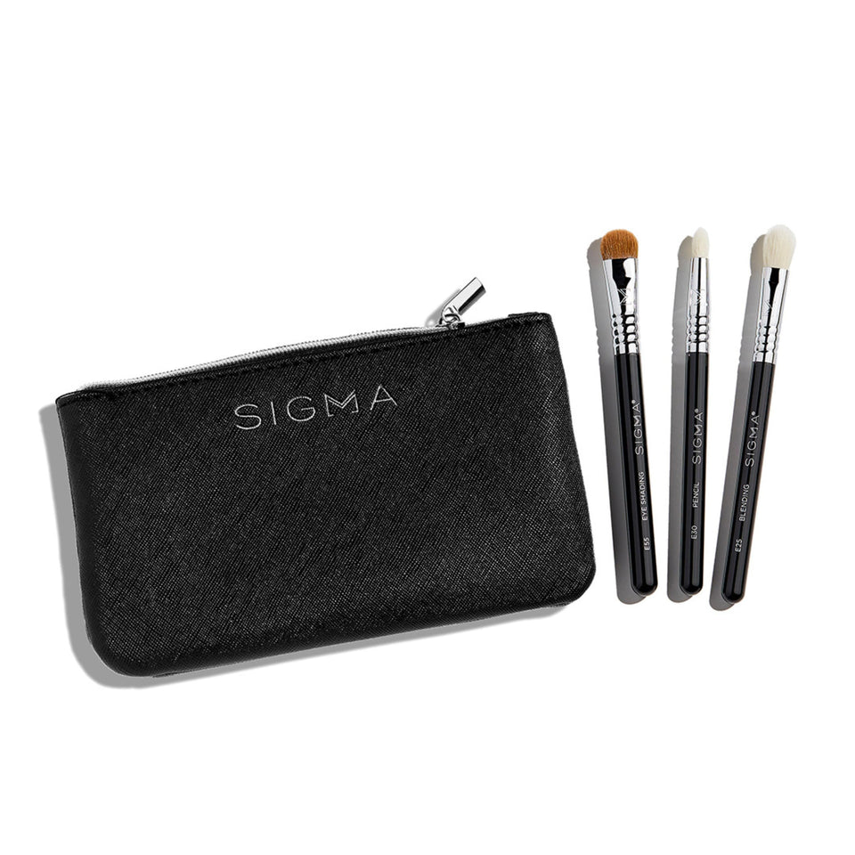 Sigma Beauty Glam N Glow mini brush set with rose gold pouch for precise eye makeup