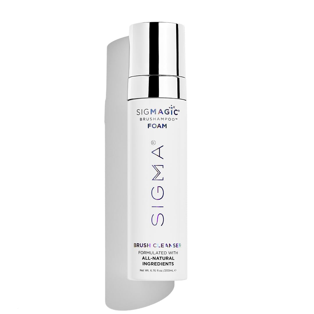 Sigma Beauty Sigmagic Foam bottle with pump showing deep-cleaning action for brushes