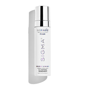 Sigma Beauty Sigmagic Foam bottle with pump showing deep-cleaning action for brushes