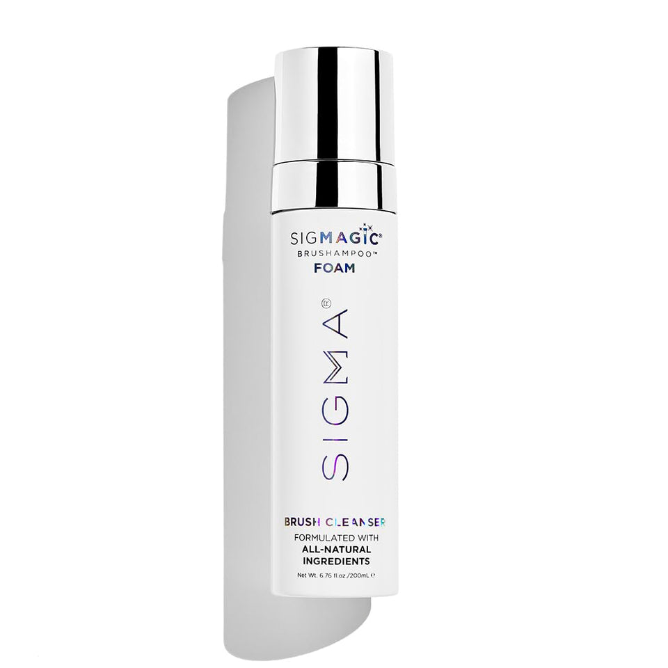 Sigma Beauty Sigmagic Foam bottle with pump showing deep-cleaning action for brushes