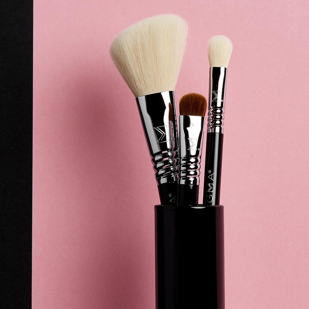 Brush tin closed from Sigma Beauty Travel Essential Trio for compact travel storage.