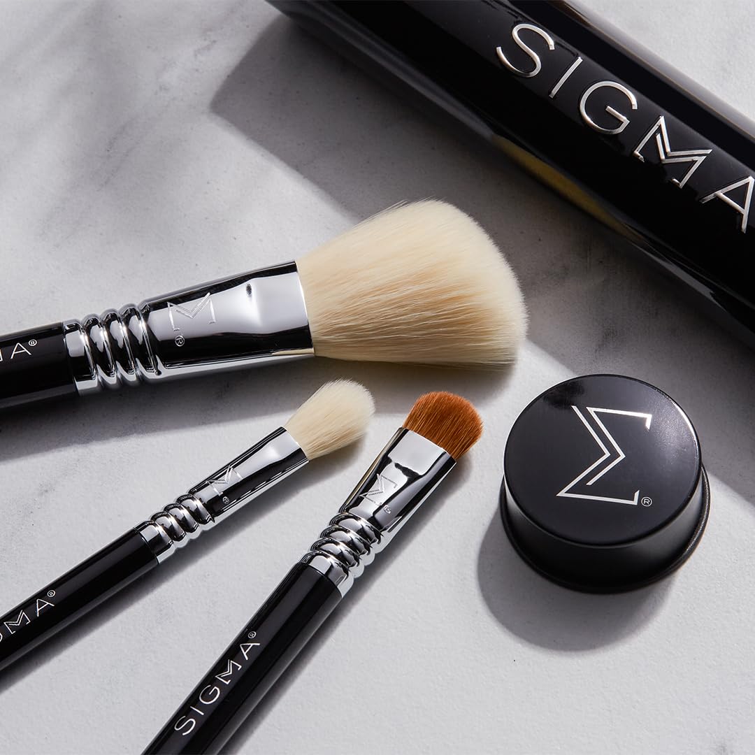 Inside view of Sigma Beauty Travel Essential Trio brush tin showing organized brushes.