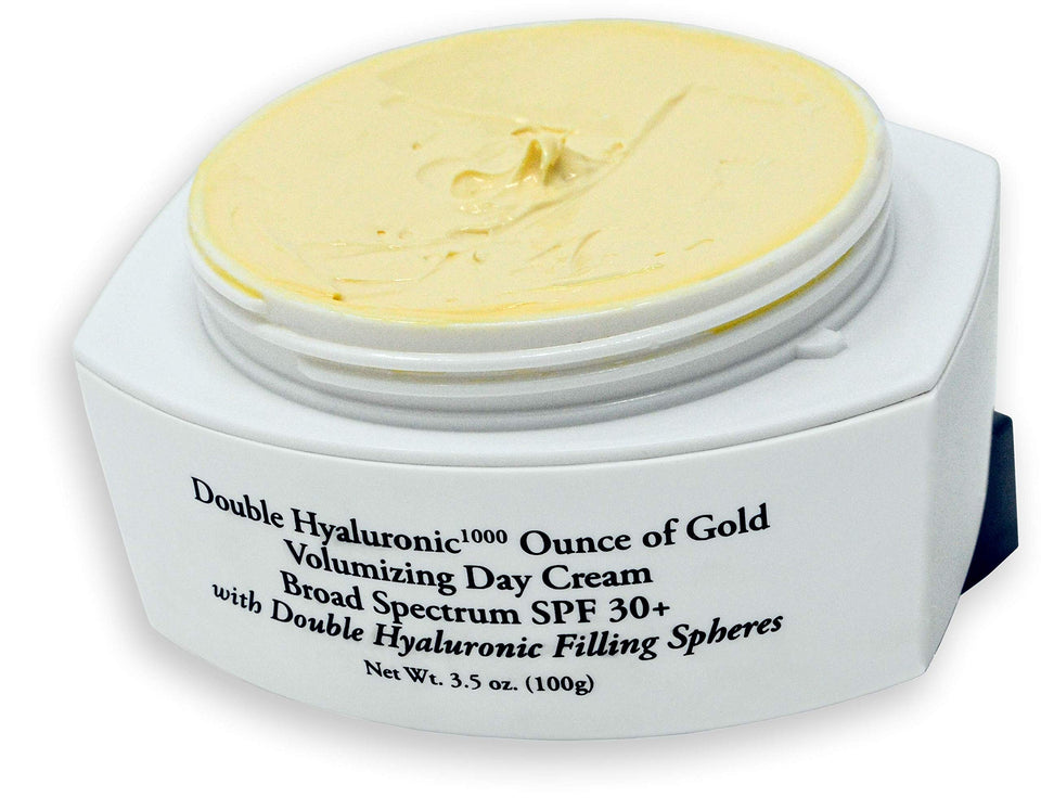 Signature Club A Double Hyaluronic 1000-Oz Gold Day Cream jar provides hydration and SPF protection