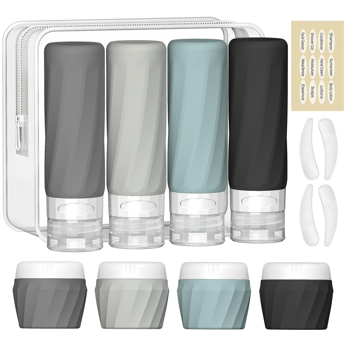Silevoler 14-pack travel bottles in gray with leak-proof silicone design for safe on-the-go use.
