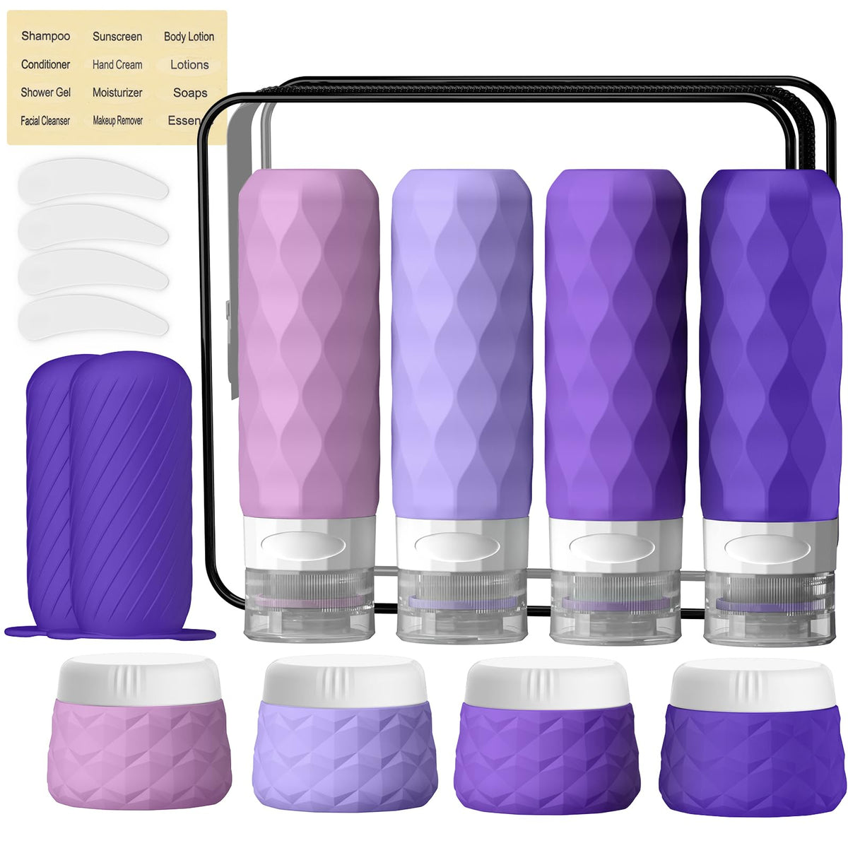 Silevoler travel bottles in purple with leakproof design for carry-on use.