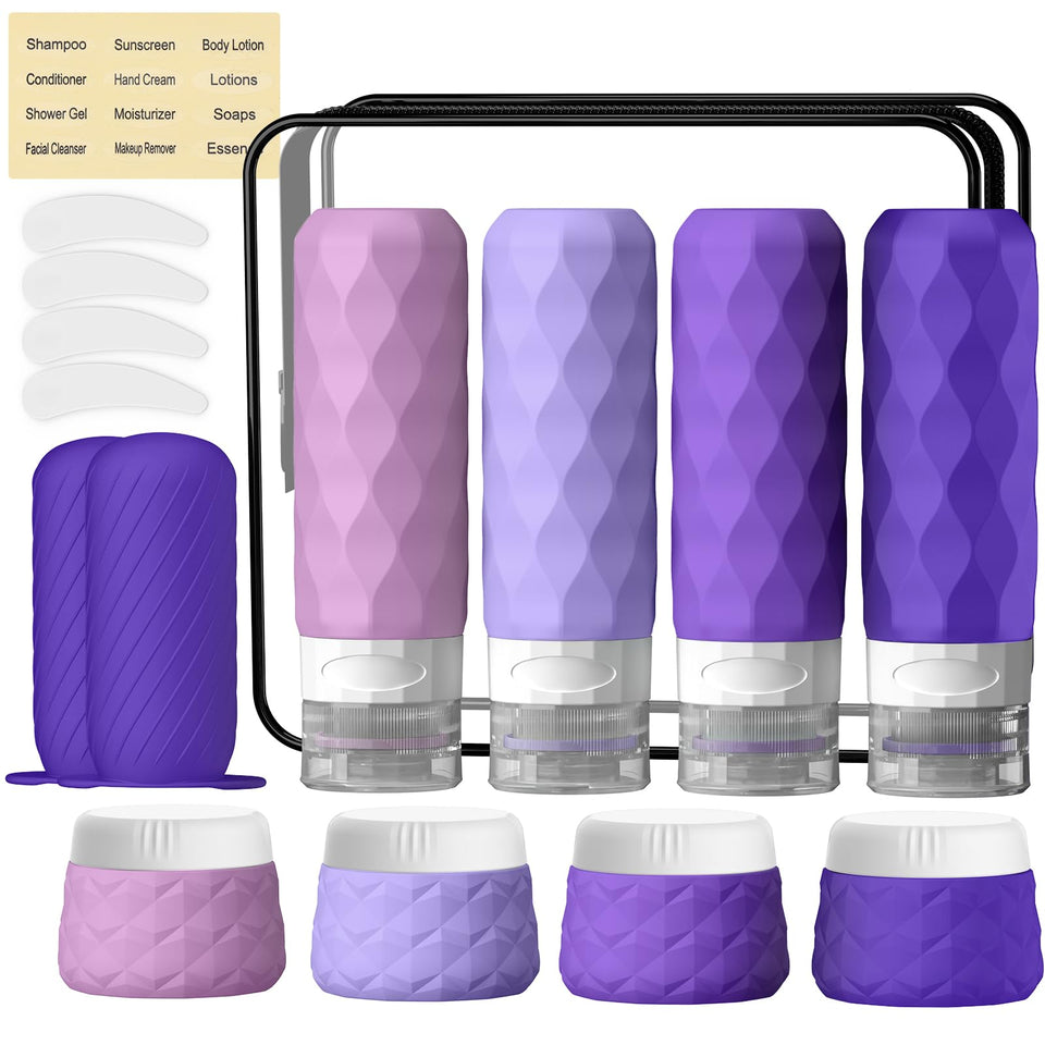 Silevoler travel bottles in purple with leakproof design for carry-on use.