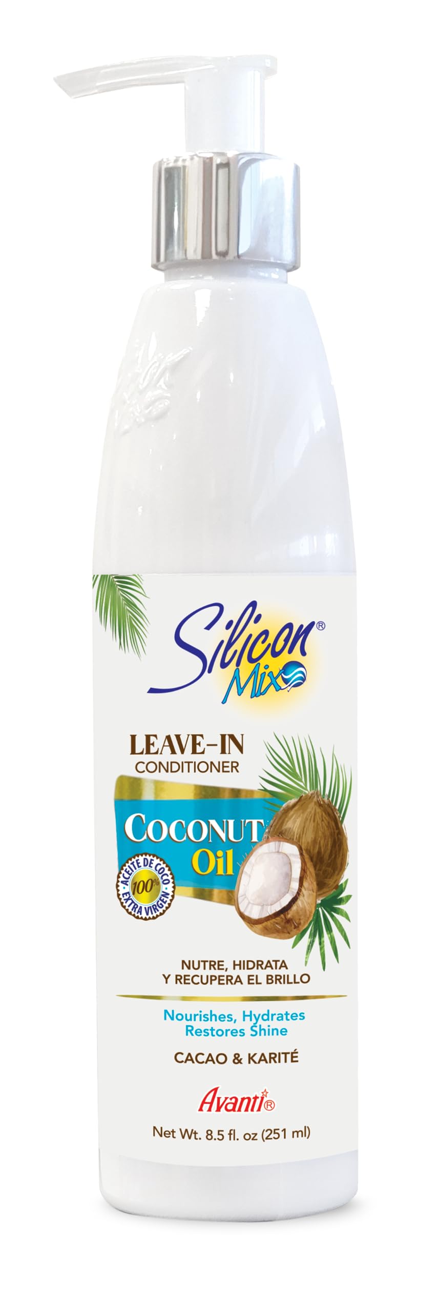 Silicon Mix Coconut Oil Nourishing Leave-In Conditioner bottle pour for hydration and frizz control.