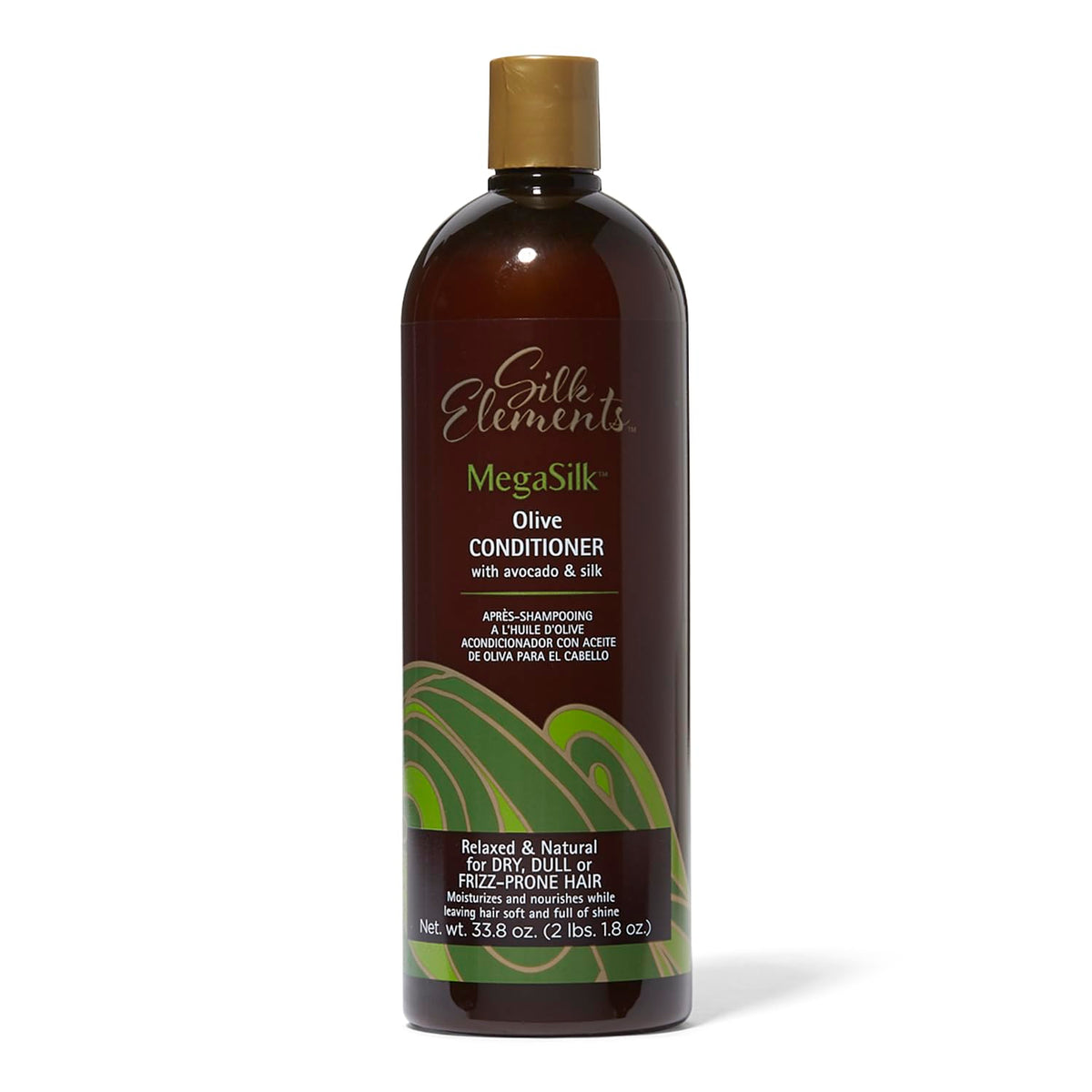 Silk Elements MegaSilk Olive Conditioner bottle highlighting detangling and shine
