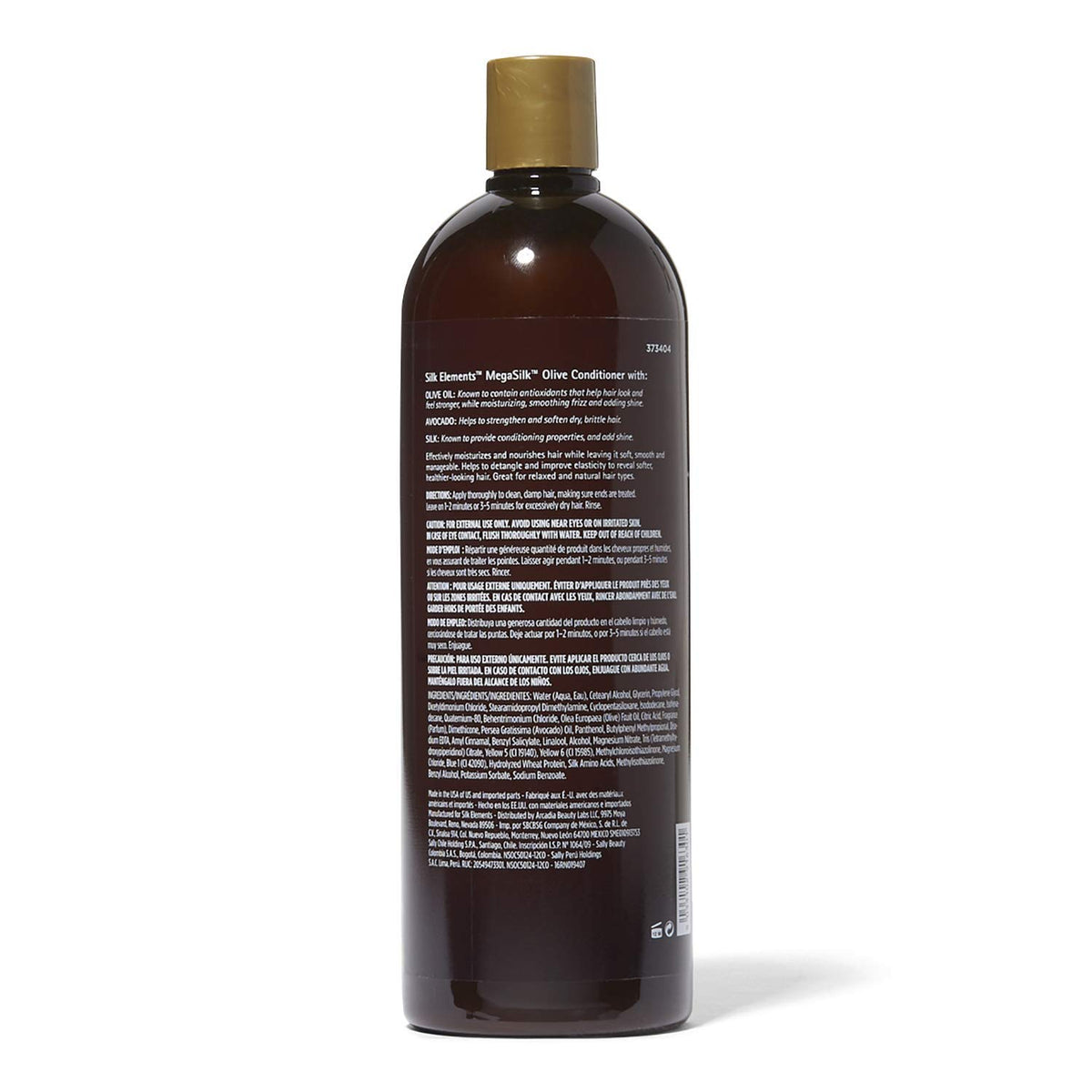 Close-up of Silk Elements MegaSilk Olive Conditioner label emphasizing nourishing ingredients