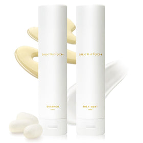 SILK THE RICH shampoo bottle side view for hydrated, frizz-controlled hair.