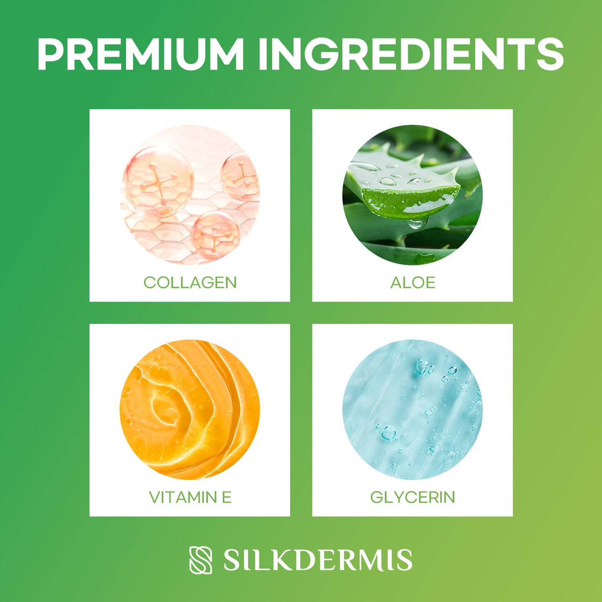 SILKDERMIS aloe collagen vitamin E ingredients label highlights gentle care