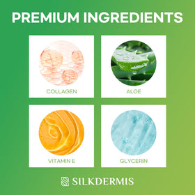 SILKDERMIS aloe collagen vitamin E ingredients label highlights gentle care