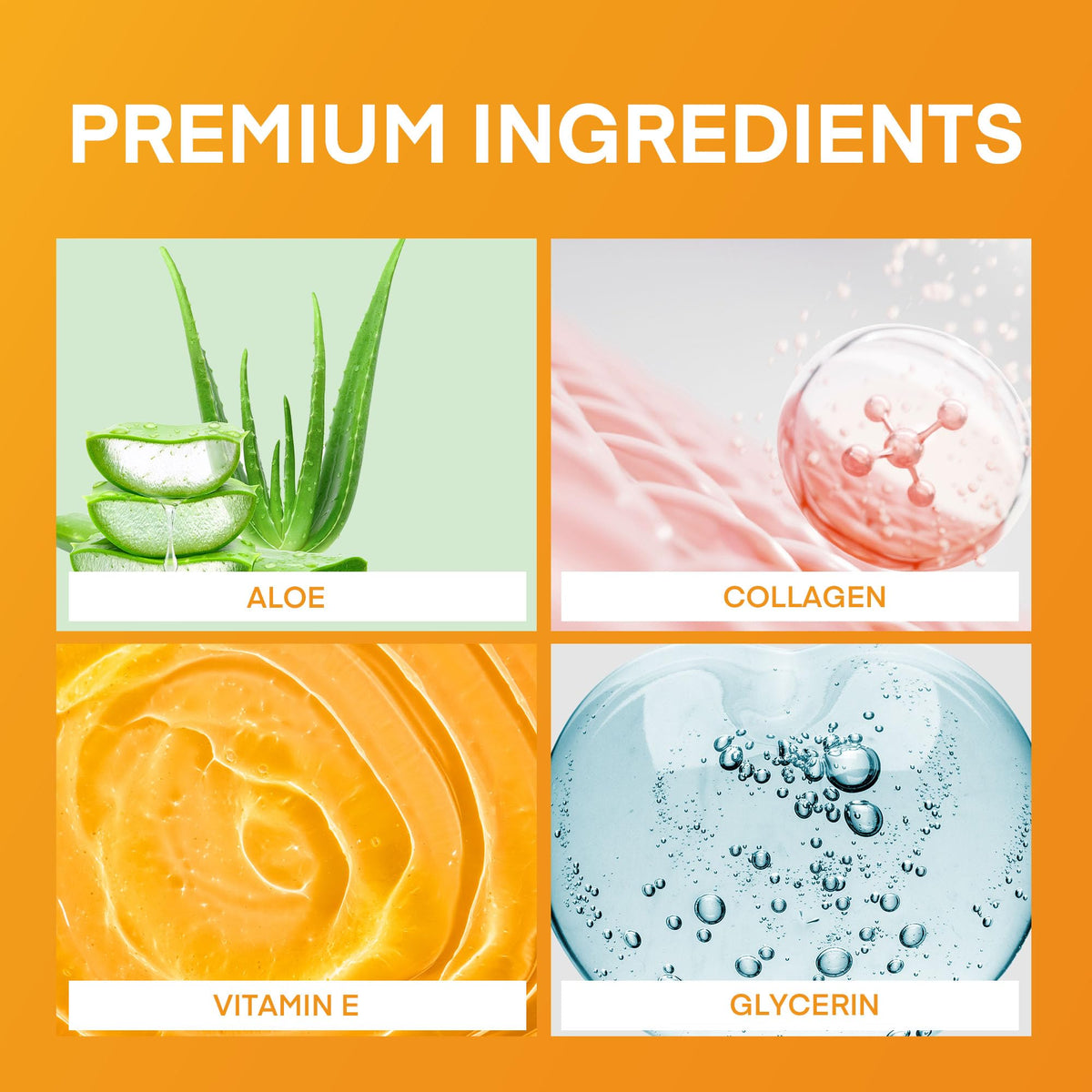 SILKDERMIS Ingredients Aloe, Collagen and Vitamin E illustrated for skin support.