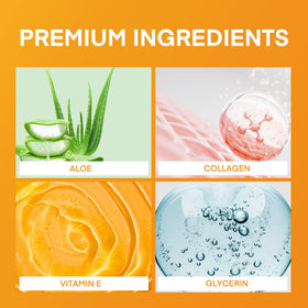 SILKDERMIS Ingredients Aloe, Collagen and Vitamin E illustrated for skin support.