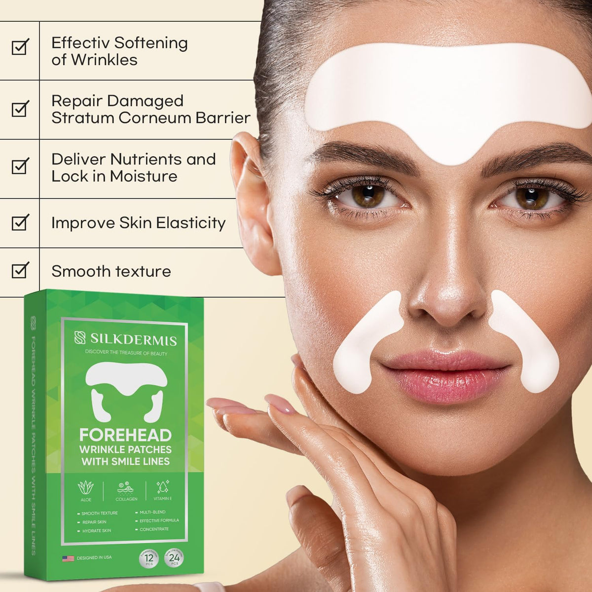 SILKDERMIS patch applied to forehead demonstrating calm, hydrating feel