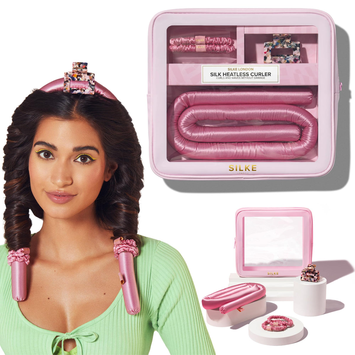 SILKE London heatless curlers in pink headband closeup for luxurious overnight curls