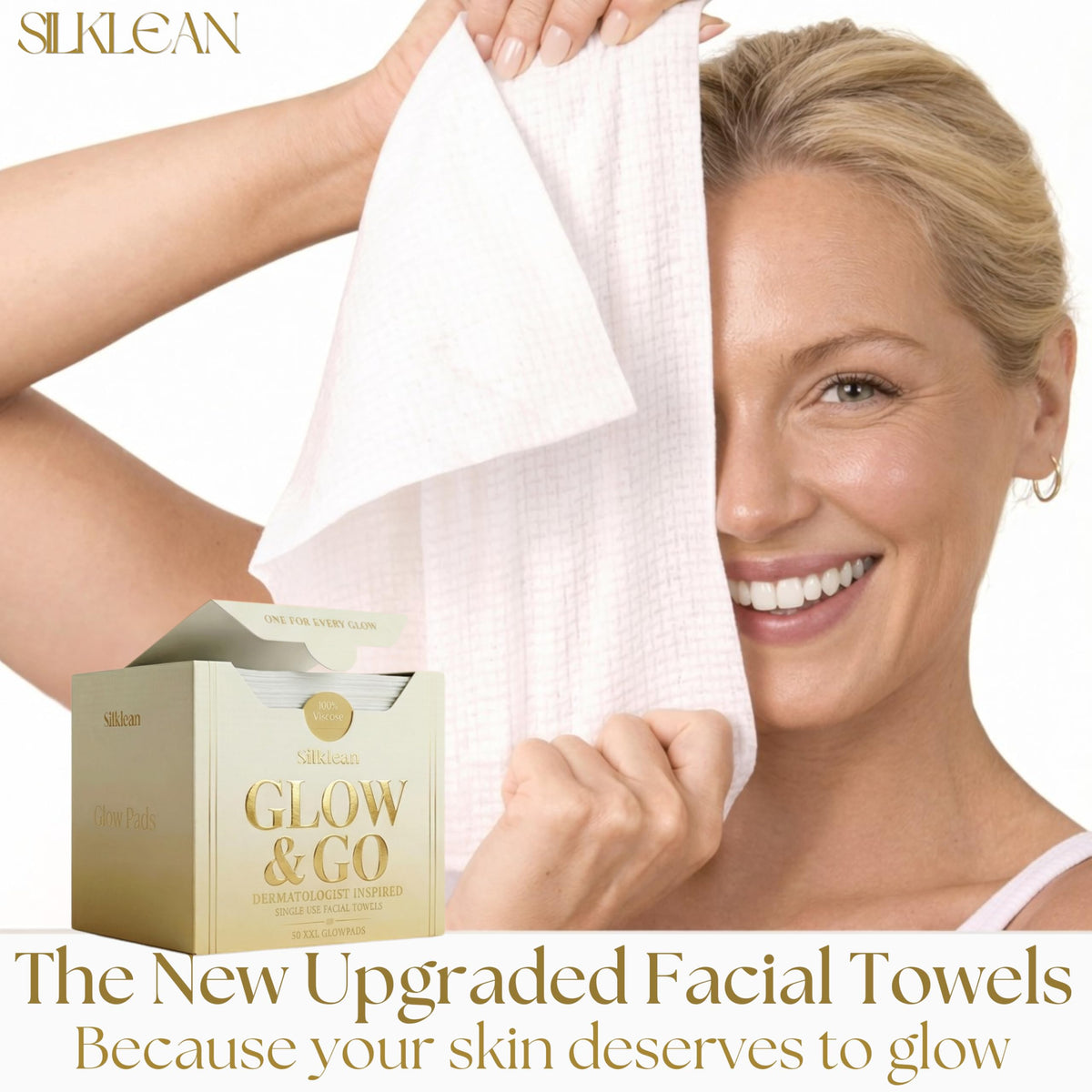 Silklean Glow & Go XL towel flat lay shows 10x15 inch coverage for full-face use.