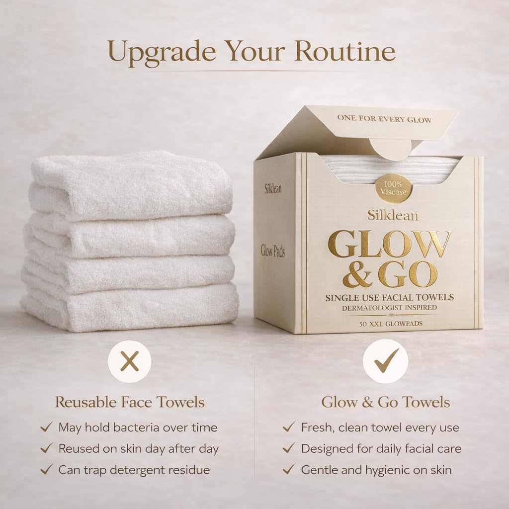 Silklean Glow & Go XL towel single-use pack in a bathroom setting.