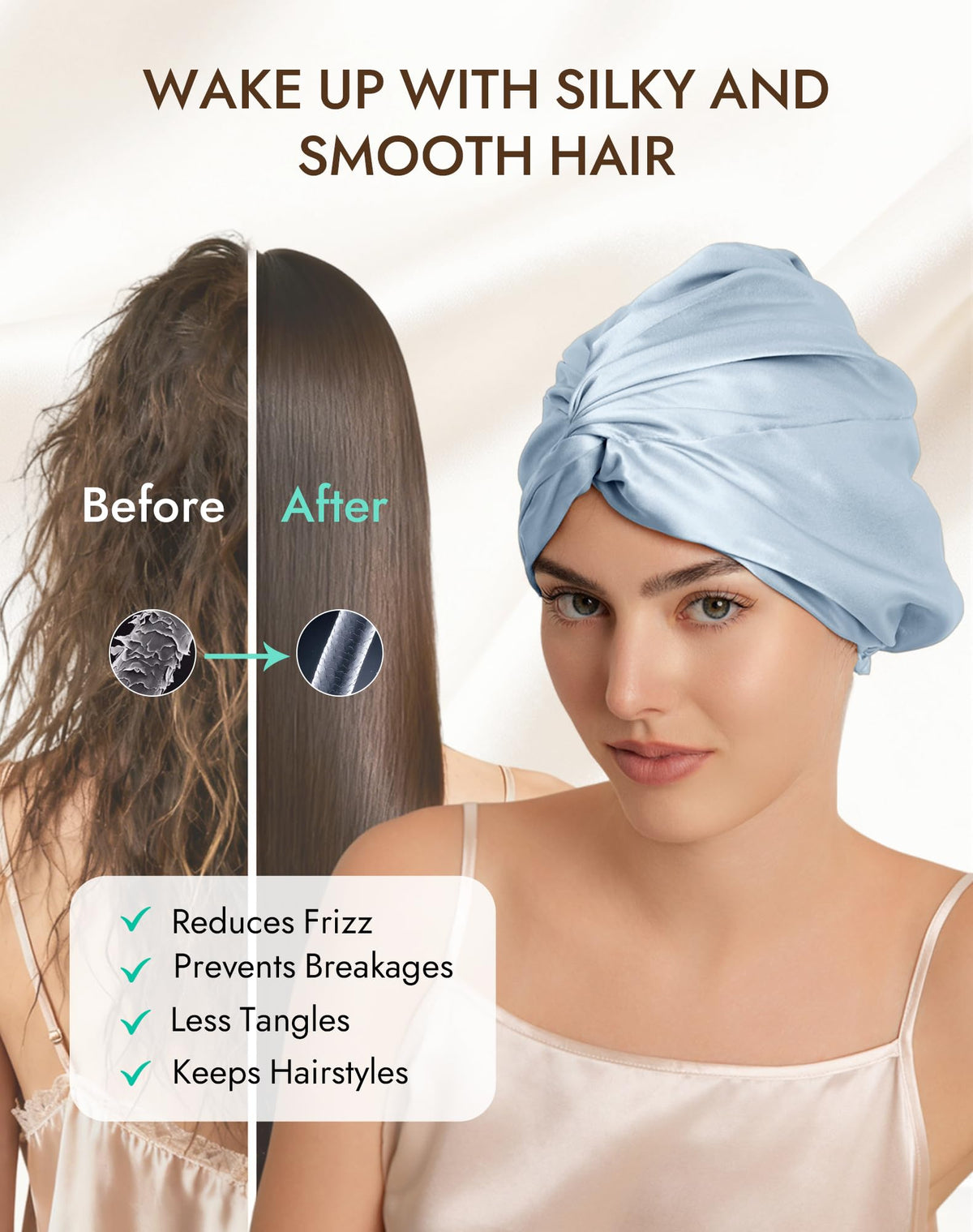 SilkSilky adjustable-elastic bonnet provides secure fit for 21–26 inch heads.