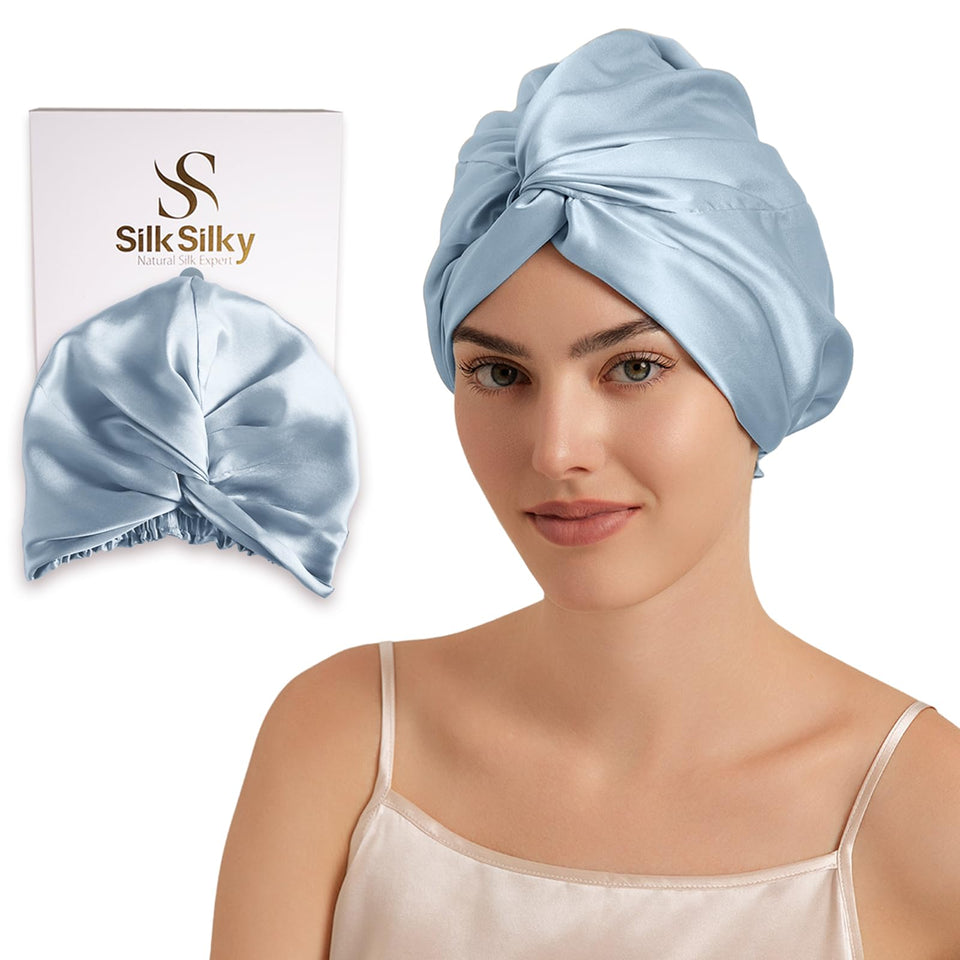 SilkSilky double-layer 22 Momme bonnet protects hair softly overnight.