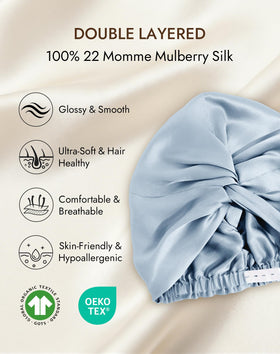 SilkSilky frizz-free sleep bonnet minimizes friction for smoother mornings.