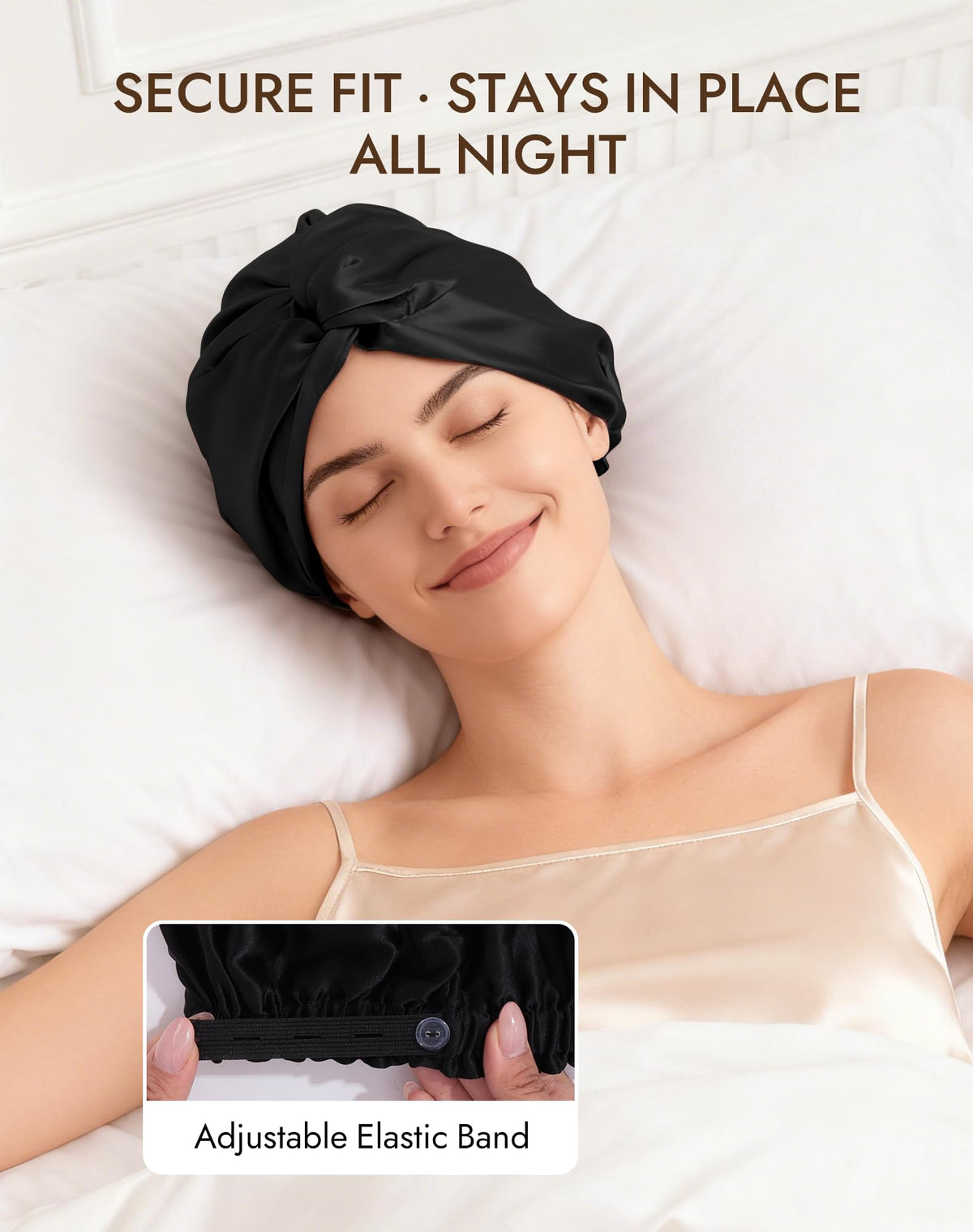 SilkSilky adjustable-fit bonnet with button for secure wear.