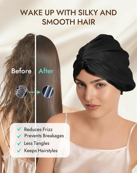 SilkSilky bonnet frizz-protection reduces overnight tangles.
