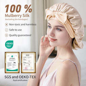 Silmana silk bonnet adjustable straps, champagne, secure fit during sleep.