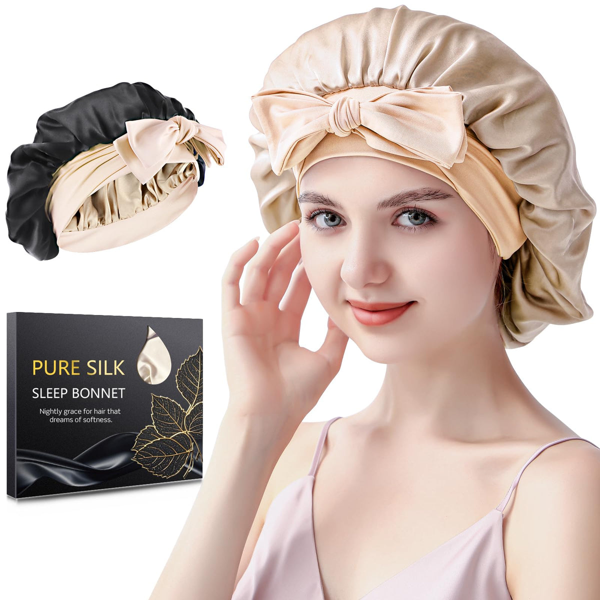 Silmana silk bonnet night cap champagne, closed style, protects hair from friction overnight.
