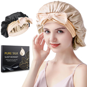 Silmana silk bonnet night cap champagne, closed style, protects hair from friction overnight.