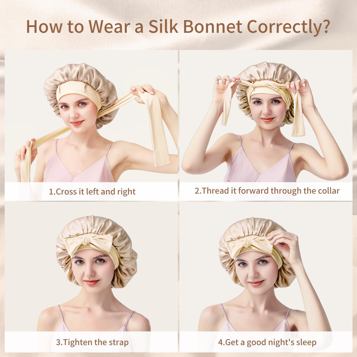 Silmana silk bonnet champagne tone complements night routine and self-care.