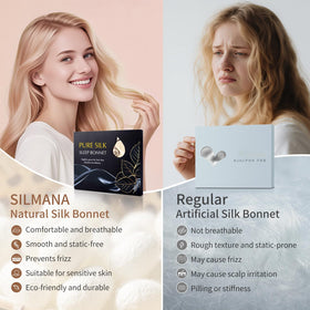 Silmana silk bonnet double-layer reversible, champagne, two looks in one for versatile night care.